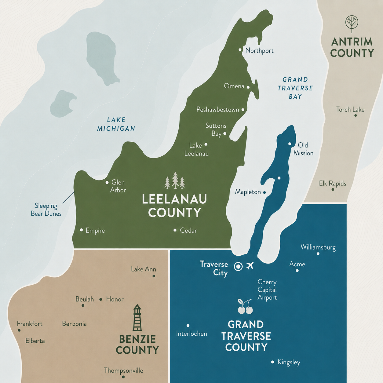 Map showing Leelanau County, Benzie County, Grand Traverse County, and Antrim County in Michigan, with lakes, towns, and notable locations marked.