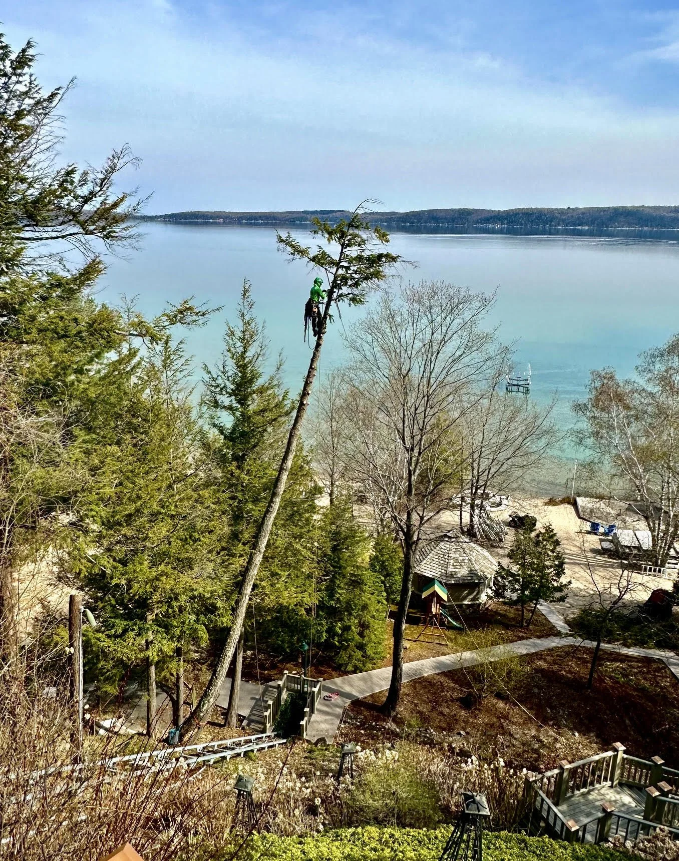 A view of a lakeside area with trees, a small pier extending into the water, and a structure with a thatched roof near the shore, taken from an elevated position.