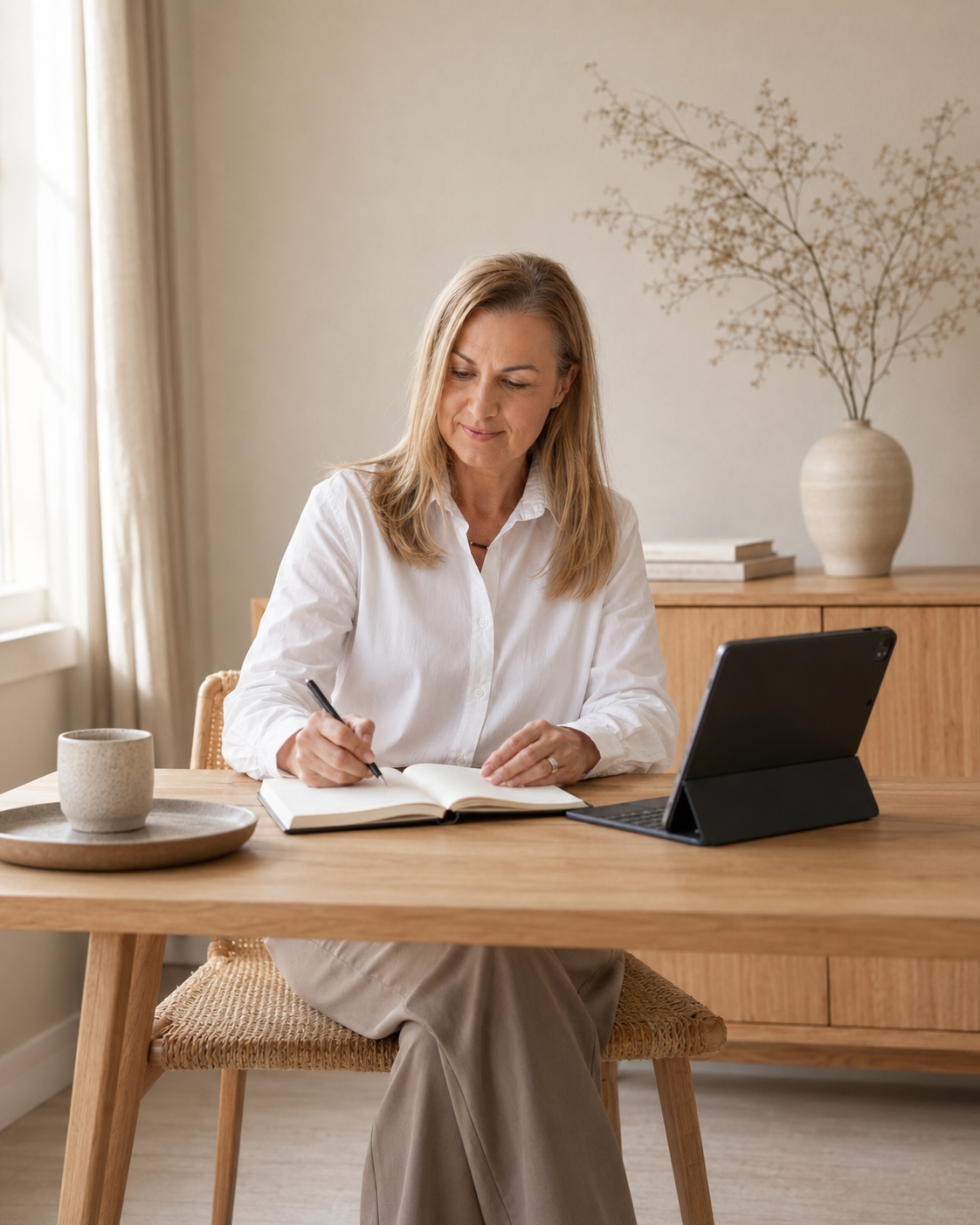 A woman sitting at a wooden table writing in a notebook with a pen, with a tablet propped up in front of her, in a room with natural light, beige walls, a large vase with decorative branches, and a wooden cabinet in the background.