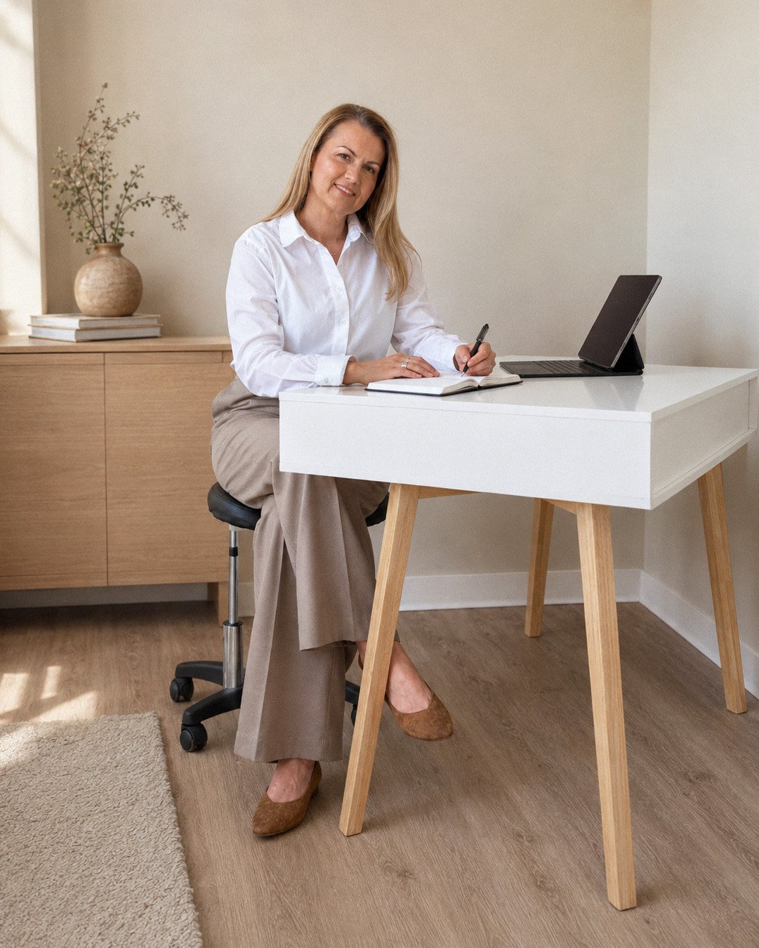 A woman with blonde hair sitting at a white desk, writing in a notebook with a pen. There is a laptop on the desk and a decorative vase with branches on a wooden sideboard behind her.
