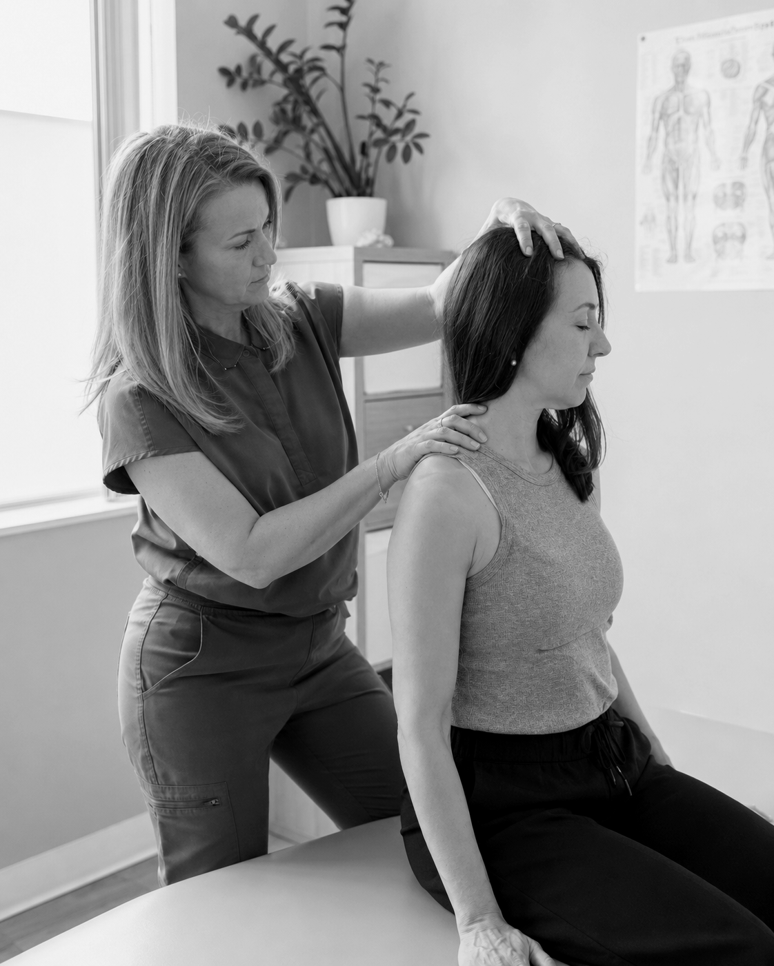 A woman receiving chiropractic treatment from a healthcare provider in a clinic room. The chiropractor is checking her neck, while the patient sits on an examination table with her eyes closed.