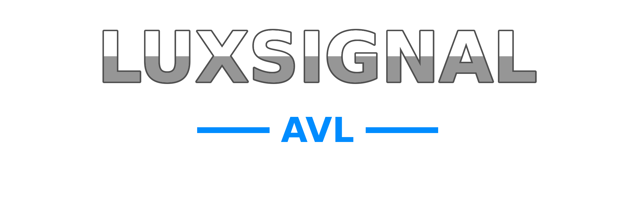 Graphic design with the word 'LUXSIGNAL' in large gray letters and 'AVL' in smaller blue letters below, with horizontal blue lines on each side of 'AVL'.