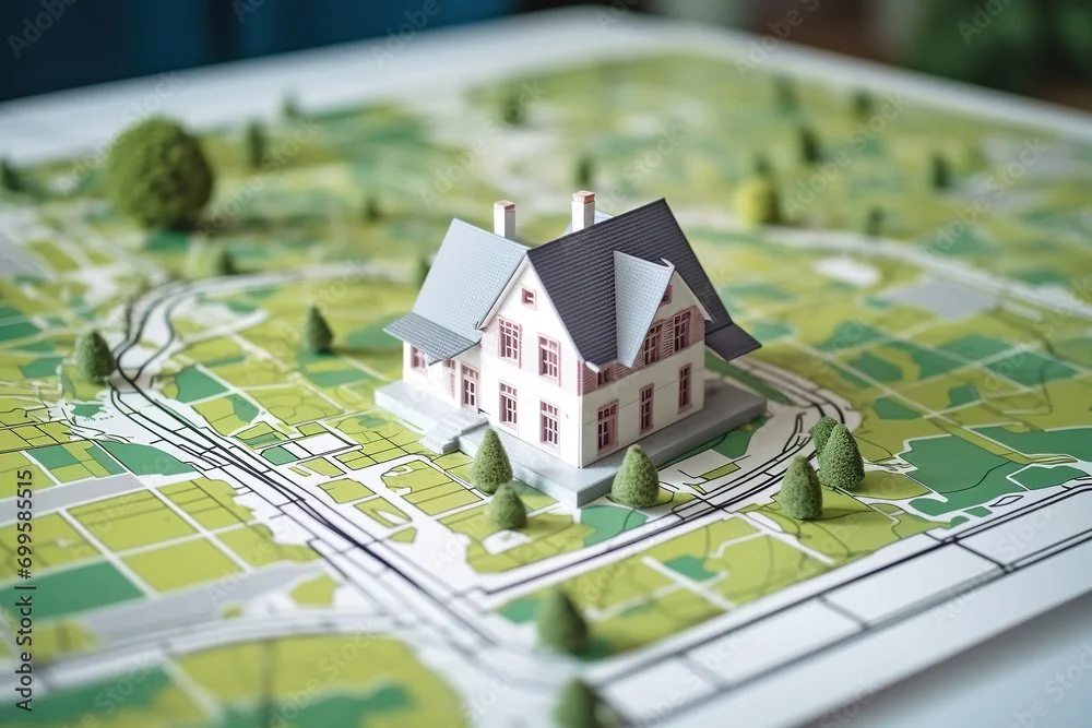 A small model house with a grey roof sits on a detailed map, surrounded by tiny trees.