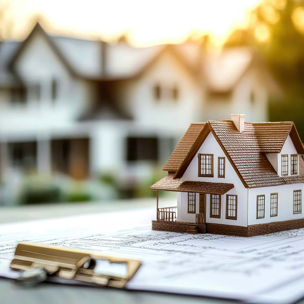 Model house on architectural plans with houses and sunset in the background