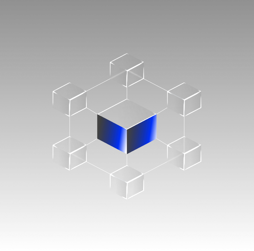 A central blue cube surrounded by transparent cubes connected by white lines on a gray background.