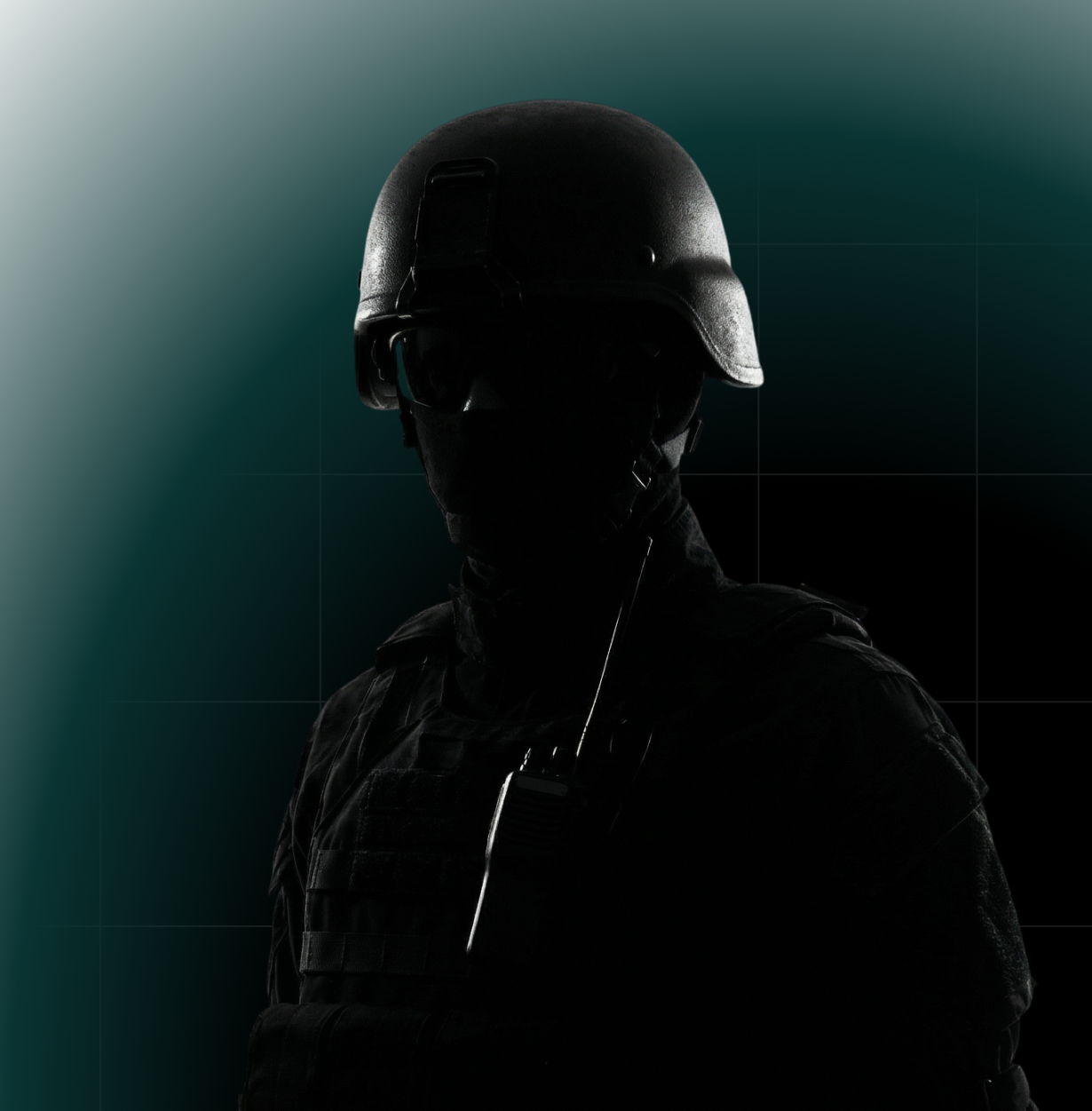 Silhouette of a person in tactical gear, wearing a helmet and sunglasses, against a dark background.