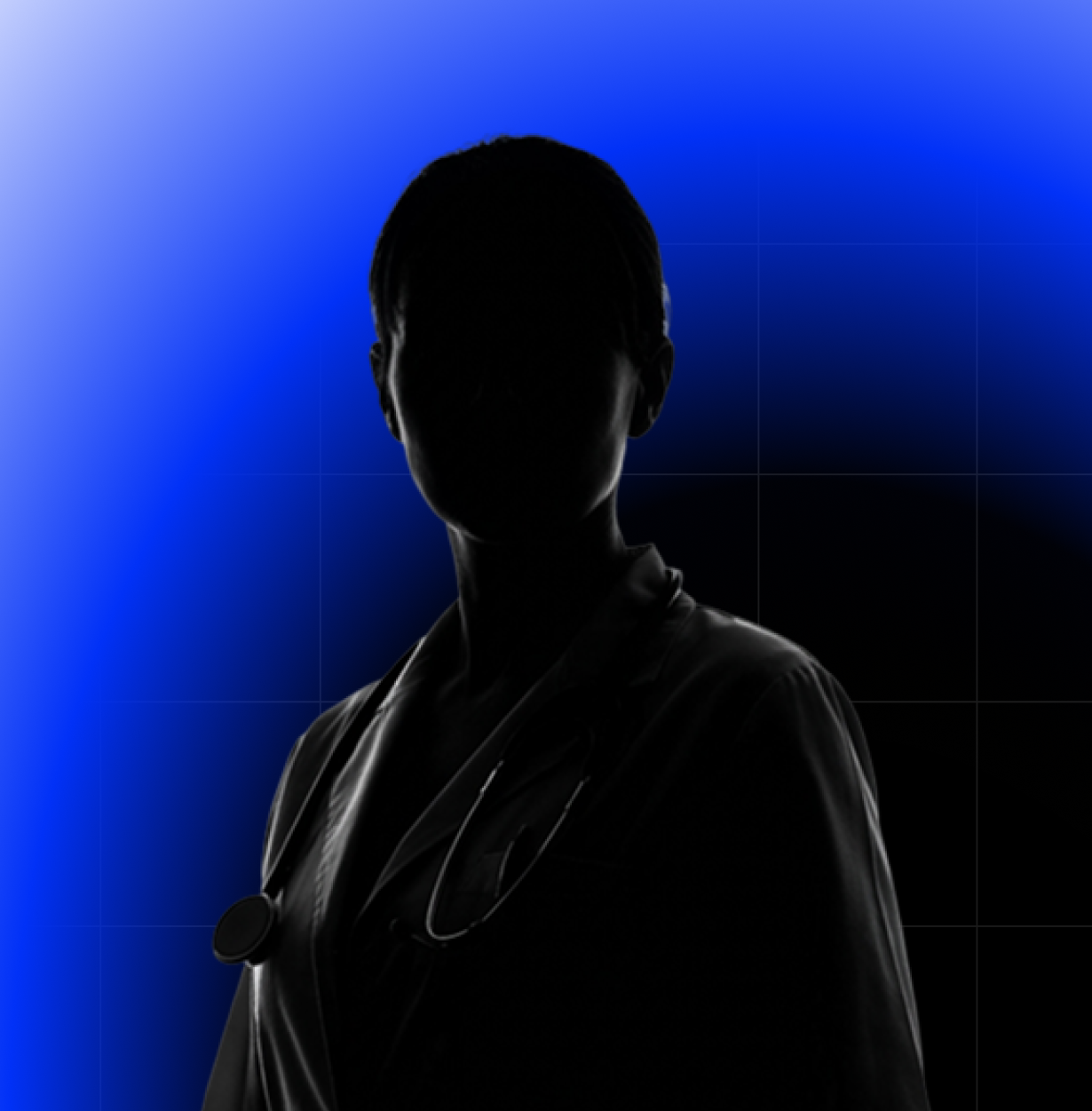 Silhouette of a healthcare professional with a stethoscope against a gradient blue and black background.