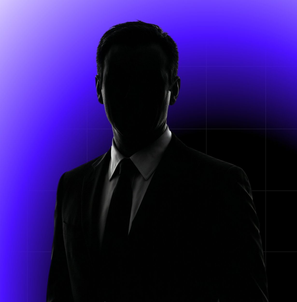 Silhouette of a man in a suit against a purple and blue gradient background.