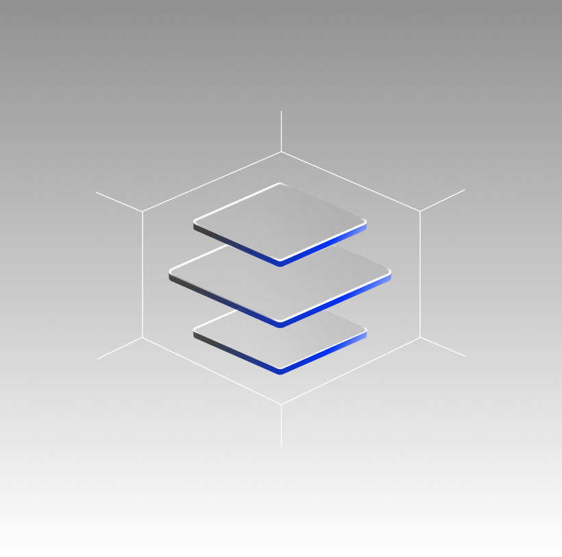 Three stacked rectangular metallic surfaces with glowing blue edges, in a 3D space with a wireframe cube background.