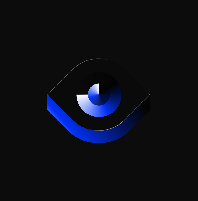 A digital illustration of an eye with a blue and black color scheme on a black background.