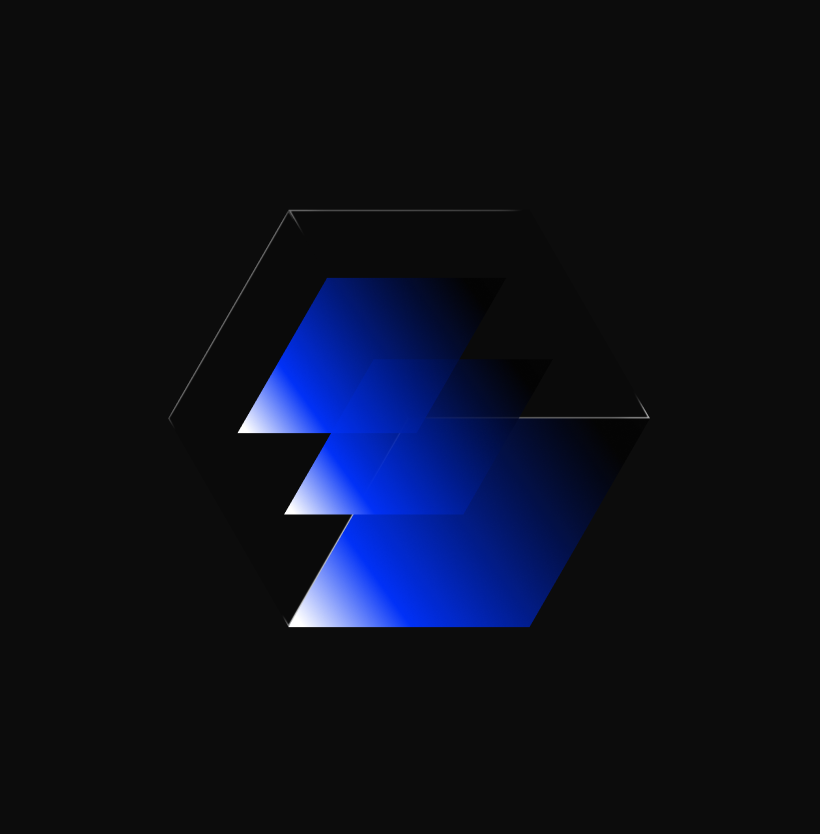 Abstract digital art with a glowing blue geometric shape on a black background.