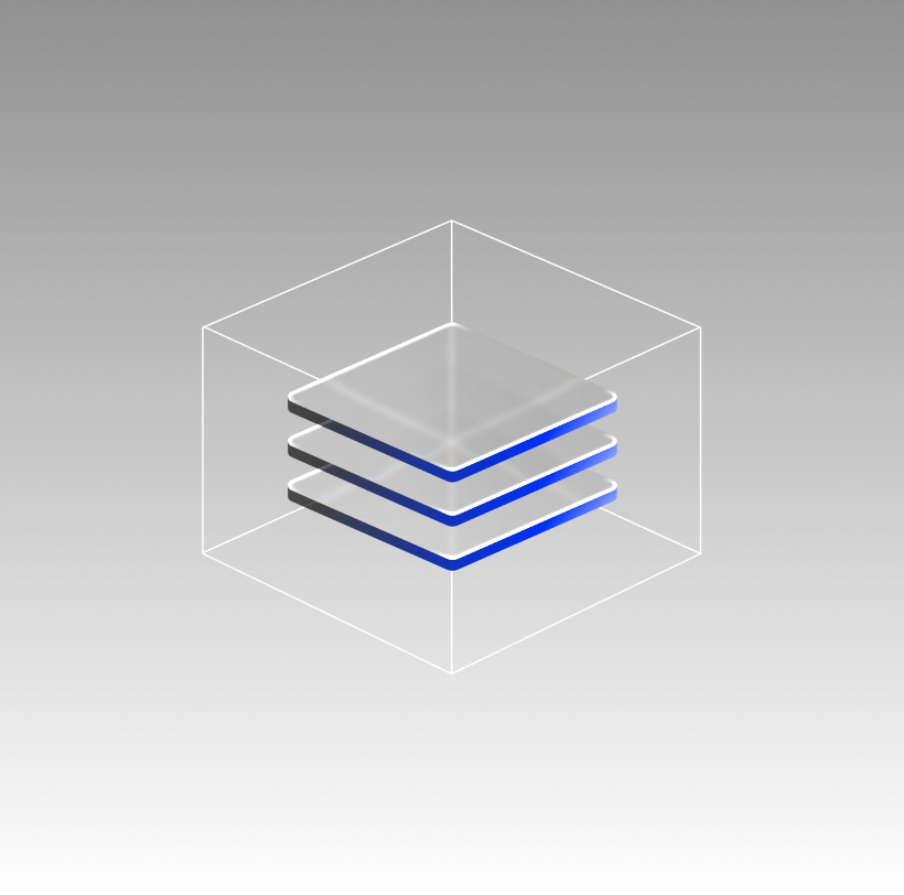 Four metallic square layers stacked in a 3D digital graphic, with a faint blue outline on each layer, inside a wireframe cube on a gray background.