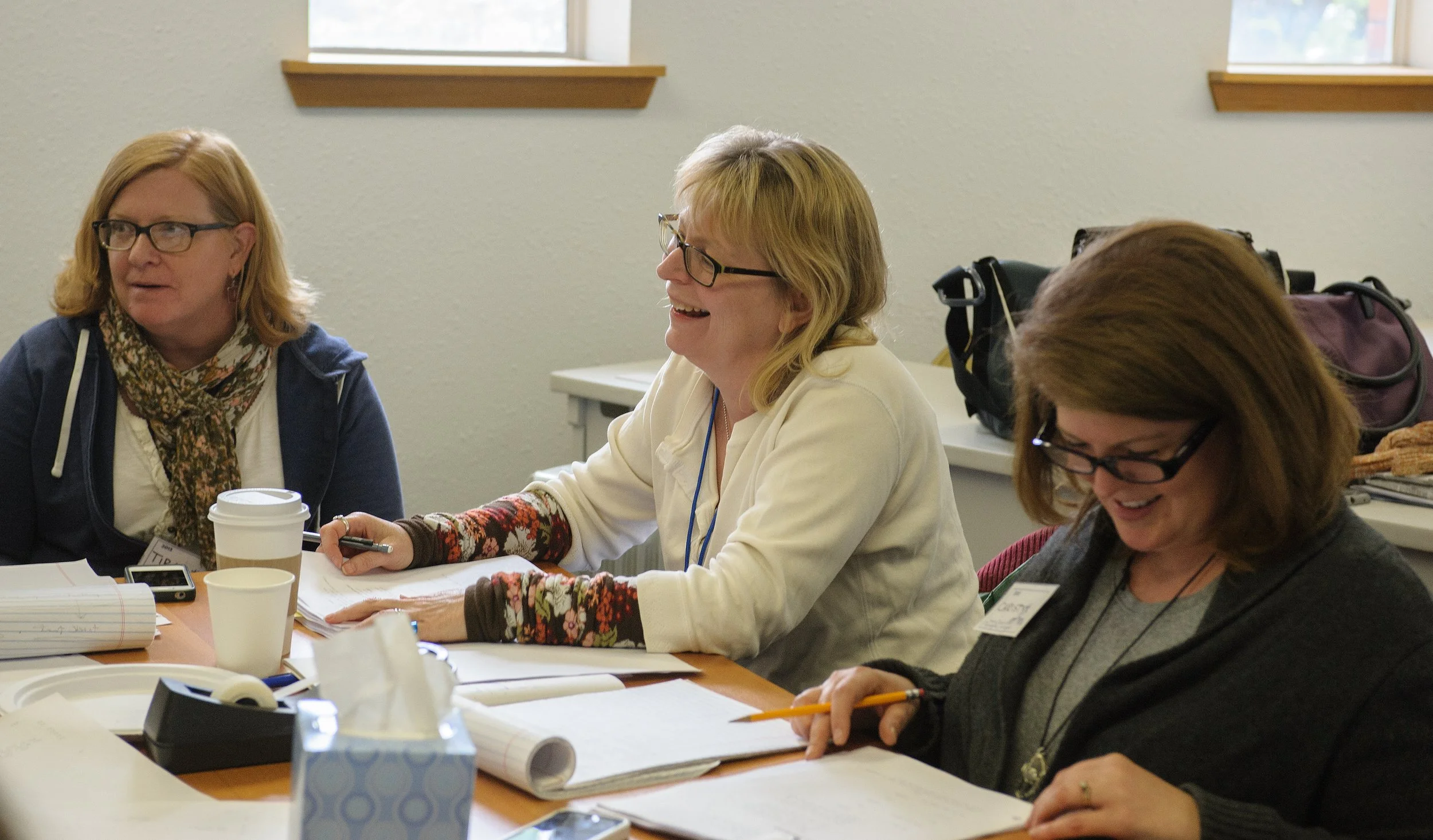 In rehearsal for Fata Morgana with dramaturg (and playwright) Tira Palmquist, and director Christy Montour-Larson, Seven Devils Playwrights Conference