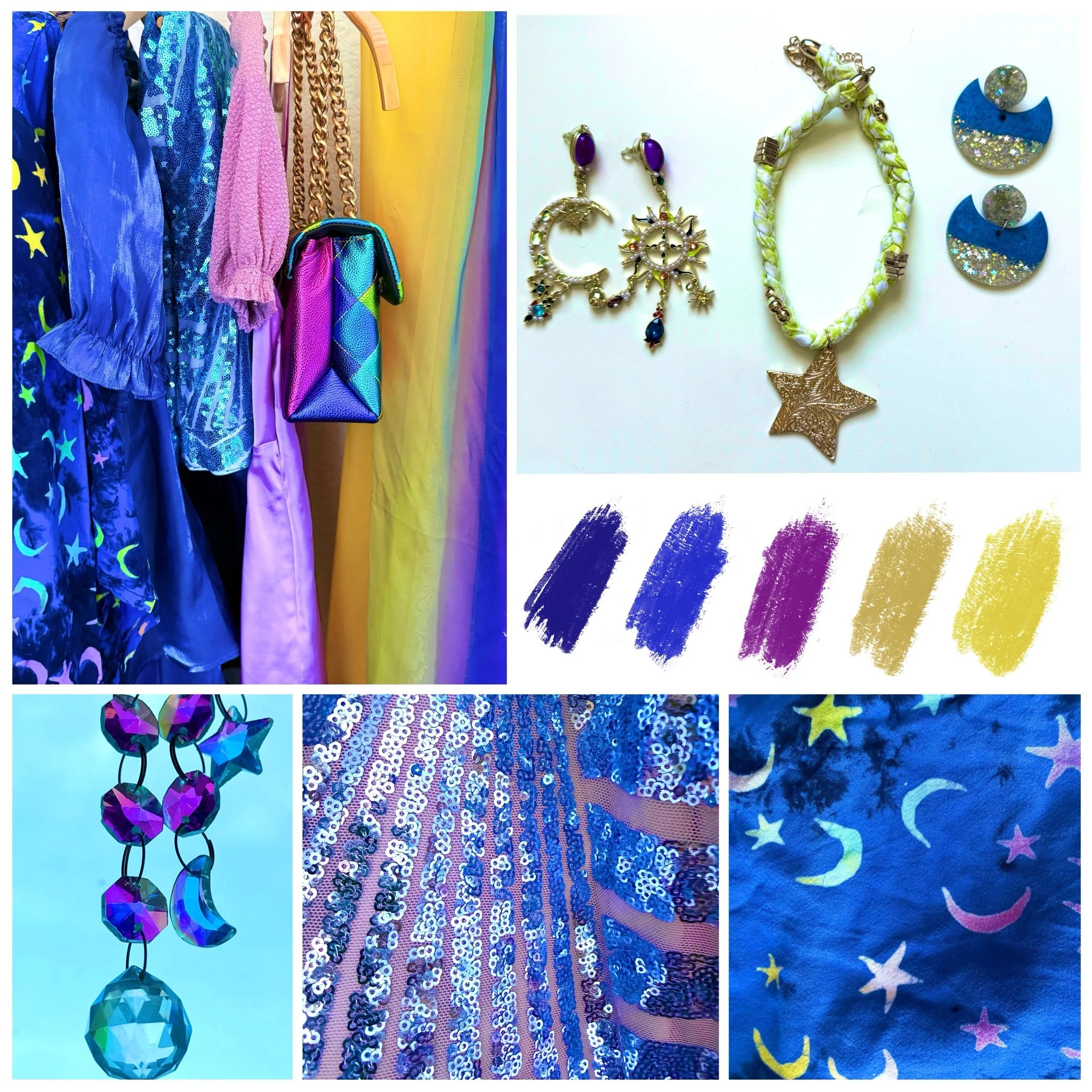 𝐓𝐇𝐄 𝐄𝐍𝐂𝐇𝐀𝐍𝐓𝐑𝐄𝐒𝐒:
This ultra glam-look channels the celestial magic of the '90s through iridescent shimmer, holographic textures, and cosmic motifs. Shades of sapphire, amethyst, teal, deep blues, and soft gold mingle with stars, moons, 