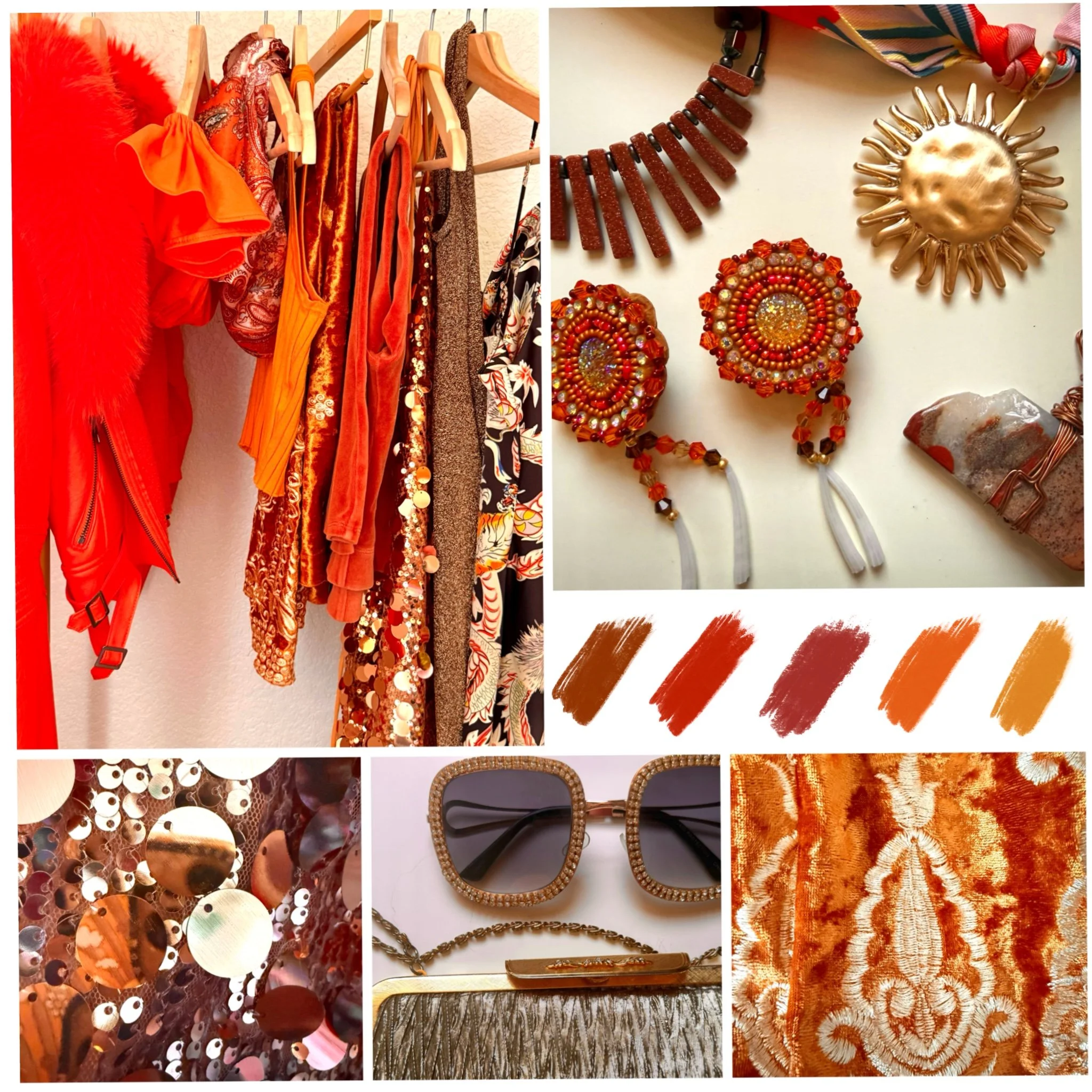 𝐓𝐇𝐄 𝐒𝐔𝐍𝐃𝐀𝐍𝐂𝐄𝐑: 
Radiant shades of sunlit gold, amber, copper, and burnt orange capture the warmth and intensity of the desert sun. Oversized statement eyewear, bold jewelry, and crystal-inspired adornments echo the beauty of citrine, raw 