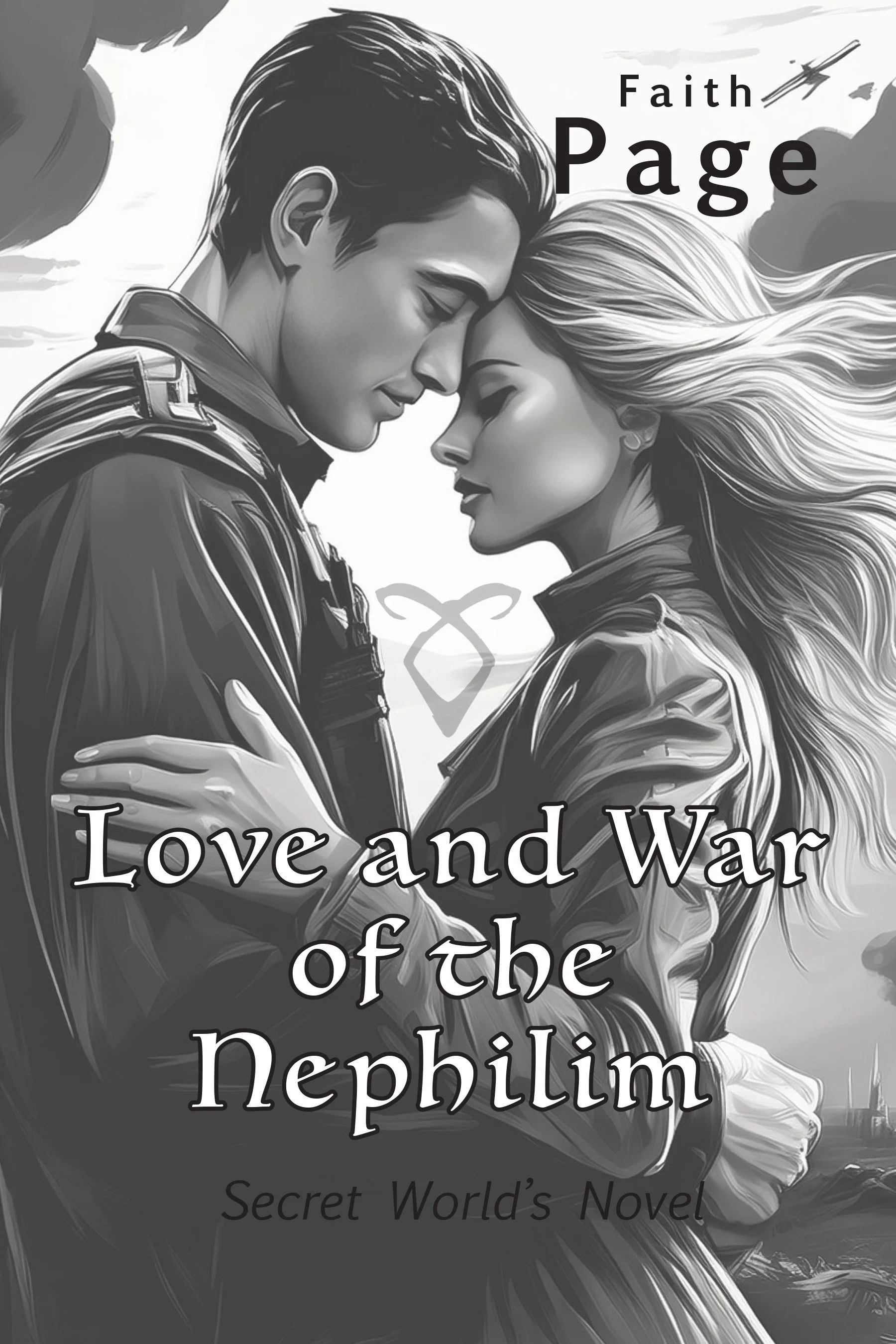 Book cover illustration in black and white showing two faces closely touching, a man and a woman, with flowing hair, and the title 'Love and War of the Nephilim' with the subtitle 'Secret World's Novel' and author 'Faith Page'.