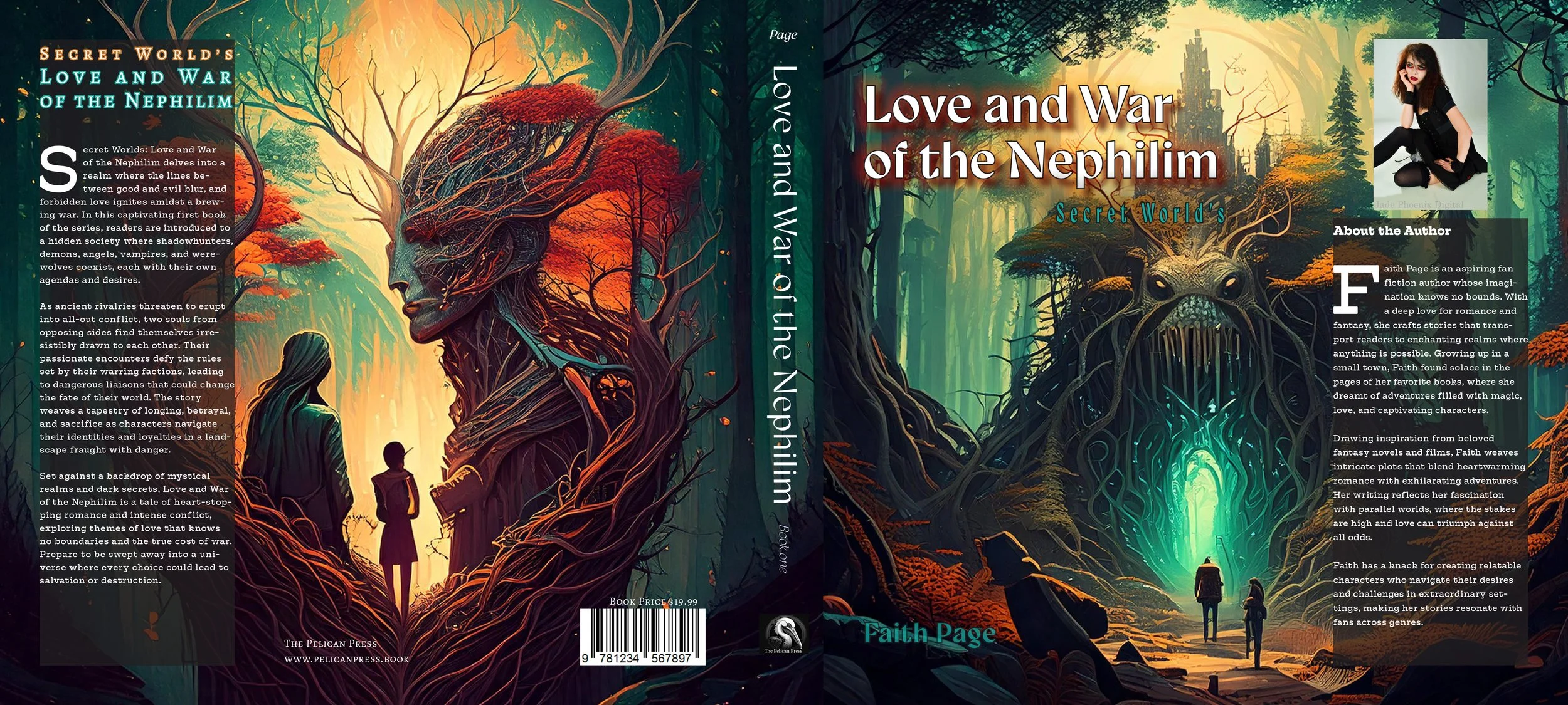 Book cover illustration titled 'Love and War of the Nephilim' featuring a fantasy scene with a giant tree creature with a face, surrounded by forest, and two small human figures walking toward a glowing portal.