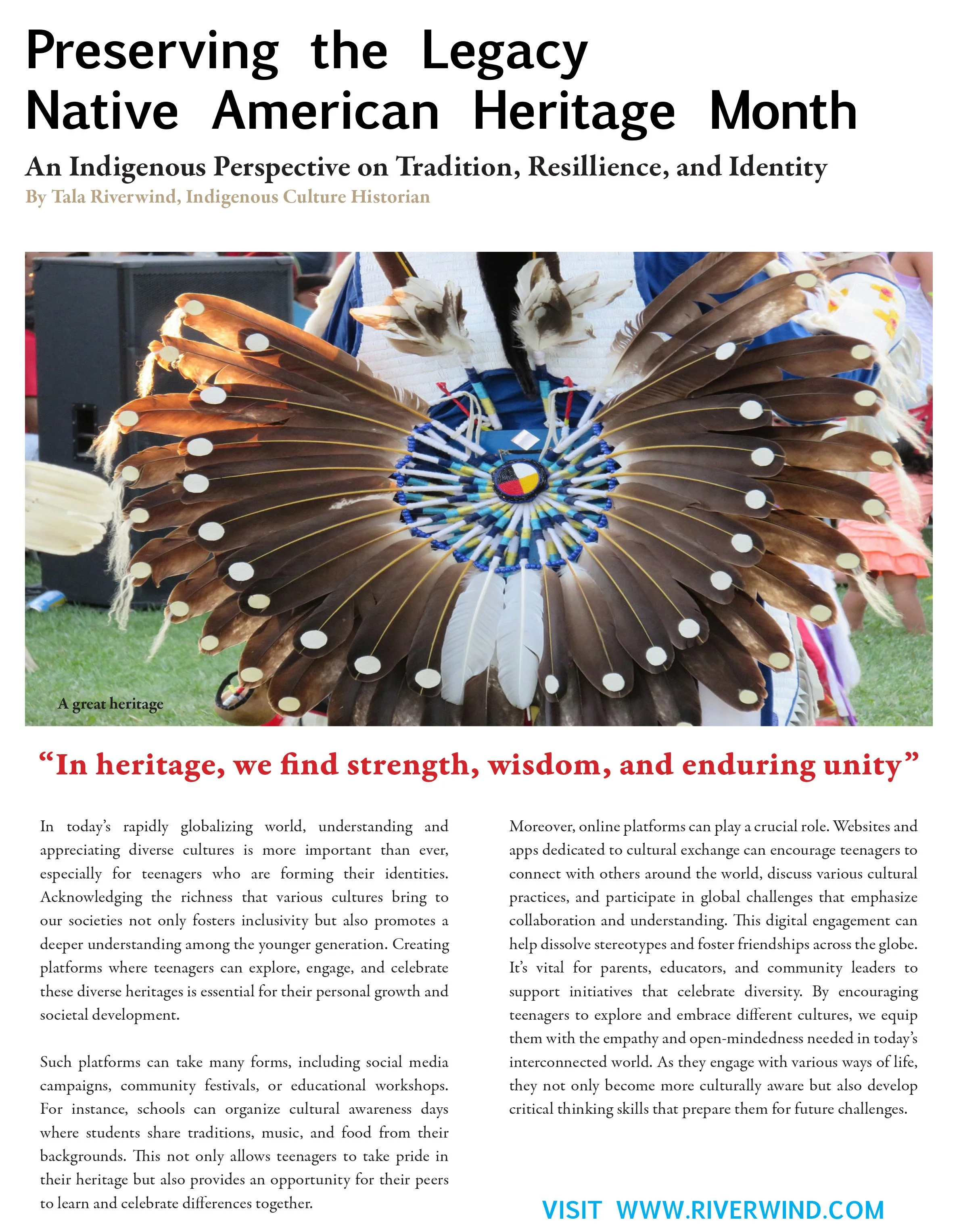 An article titled 'Preserving the Legacy Native American Heritage Month' with a photo of a person wearing traditional Native American regalia, including a feathered headdress and beaded decorations.