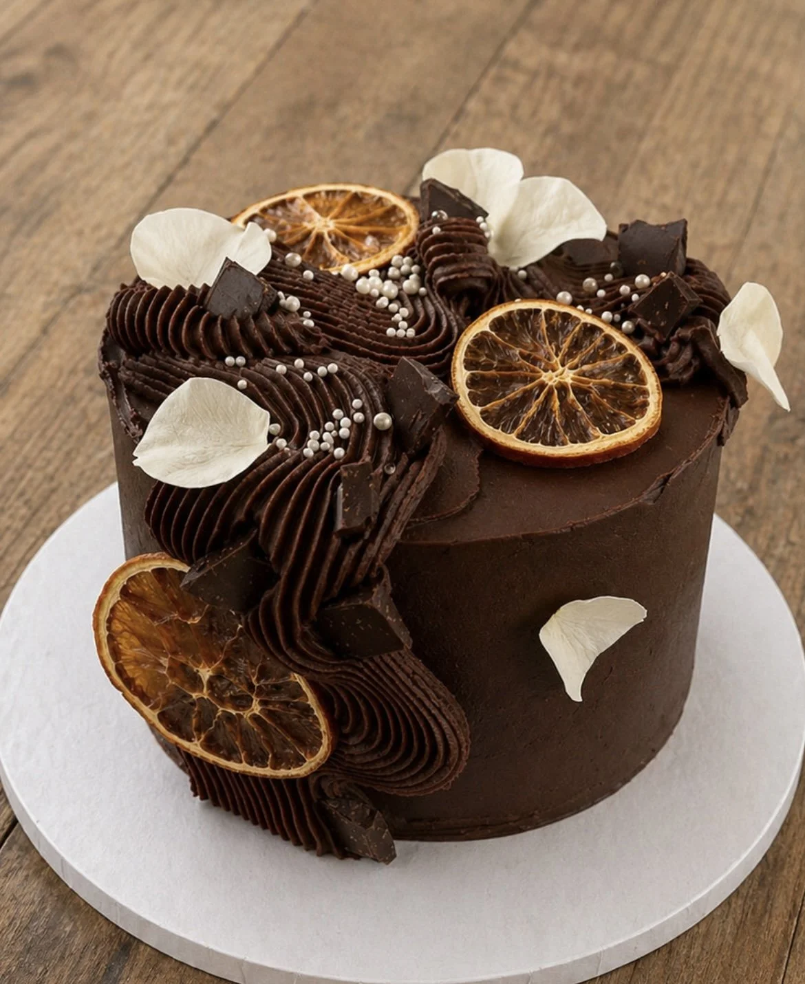 Chocolate cake with dried orange slices and chocolate pieces