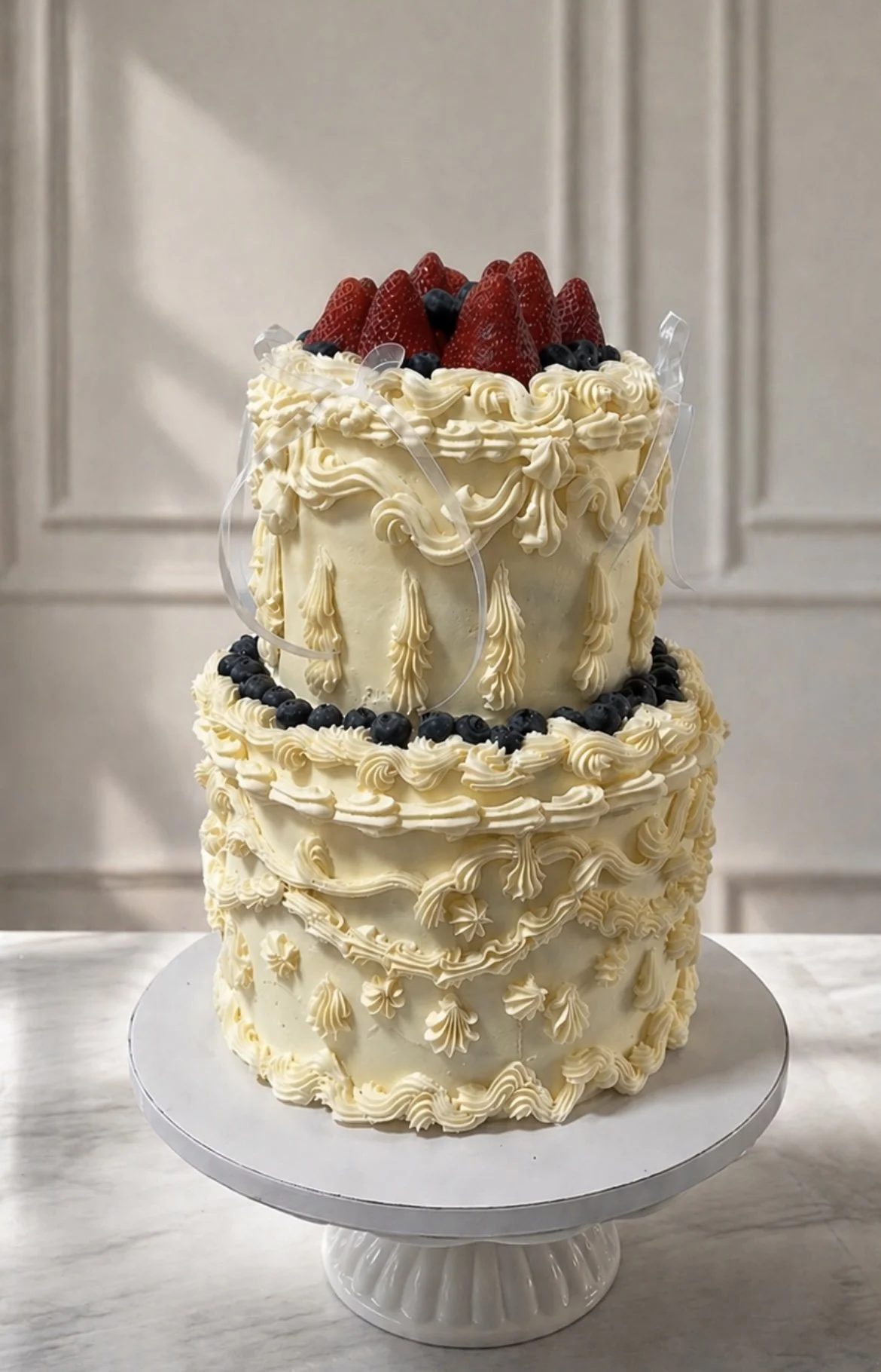 Two-tier Lambeth wedding cake with summer berries