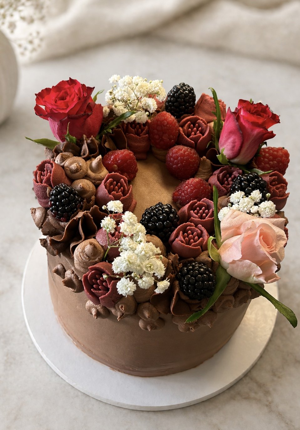 Chocolate buttercream cake with fresh roses, berries and piped flowers
