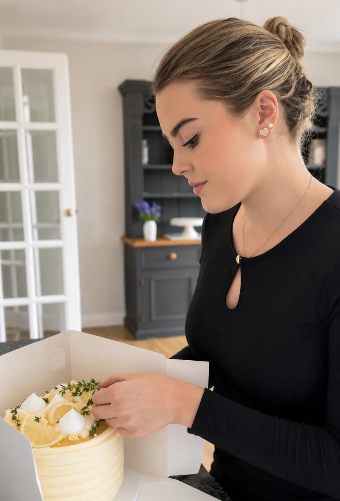 Isabelle Golder decorating a lemon celebration cake in Woodbridge, Suffolk