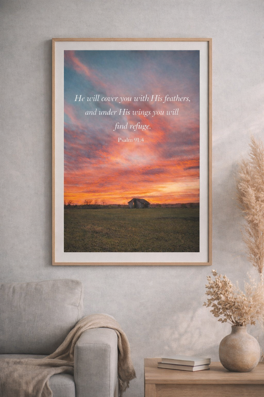 Serenity Scripture Psalm 91:4 Wall Art Print