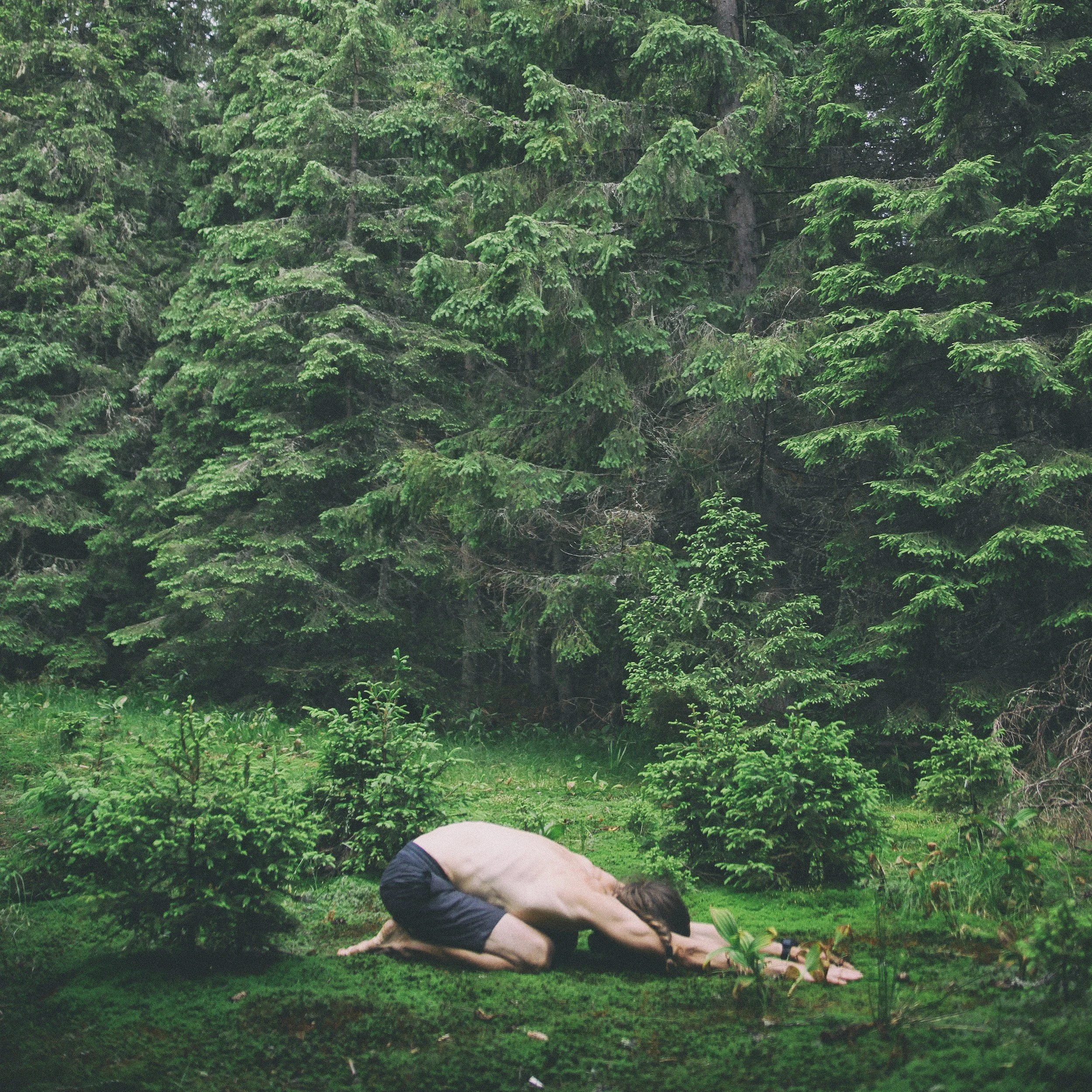 Person performing yoga outdoors on grass near trees, wearing a gray and black outfit.