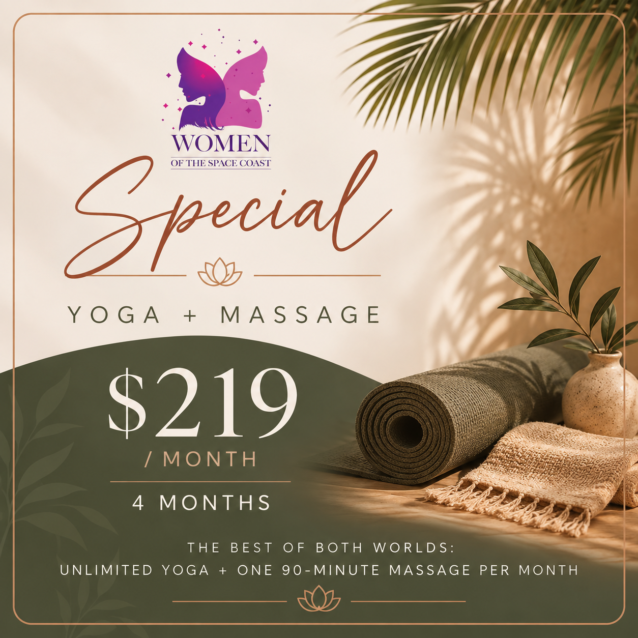Promotional graphic for local summer package offering unlimited yoga and one 90-minute massage per month for $219 over 4 months, featuring a rolled yoga mat, a small vase with leaves, and a textured towel on a wooden surface with plant shadows in the background.