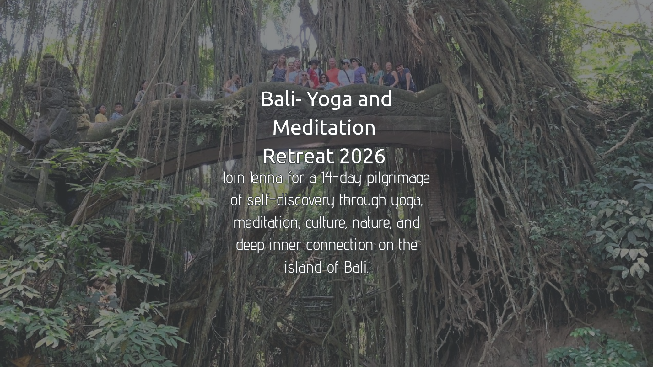 A group of people gathered on a large, elevated wooden platform within a dense jungle, surrounded by thick roots and hanging vines.