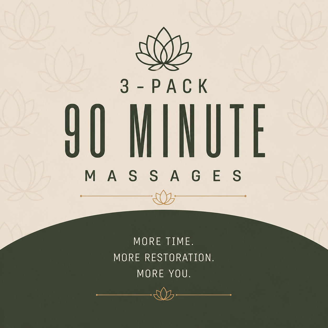 An advertisement for a 3-pack of 90-minute massages with a floral logo and the tagline "More time. More restoration. More you."