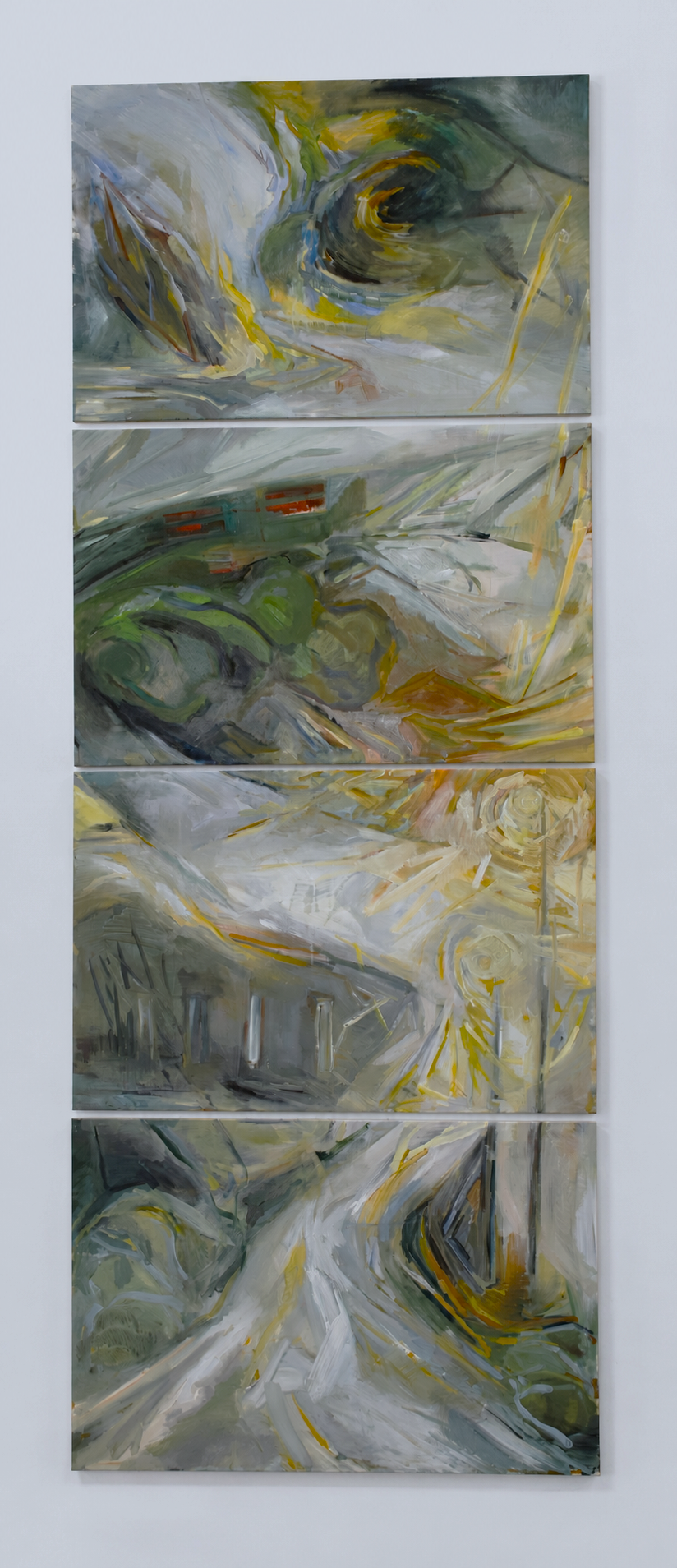 "Route of a Route"  , four panel work, 1 x 1,5 m each, 4 x 1,5 m overall, oils and plastic on canvas, 2026
