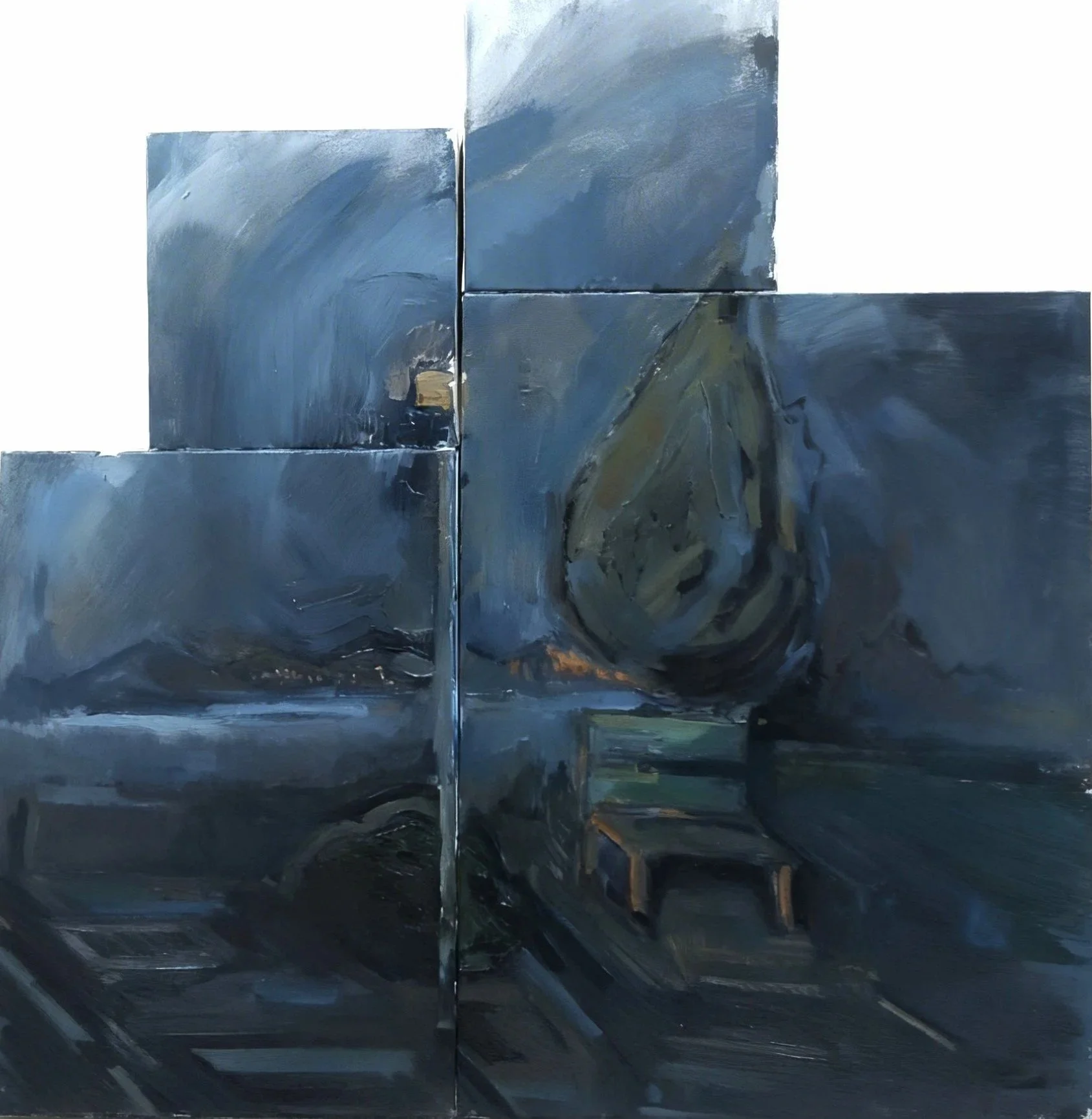 "Bench Before the dawn", 2026, oils and acrylics on canvas, four modules , dimensions variable ~ 70 x 80 cm overall 