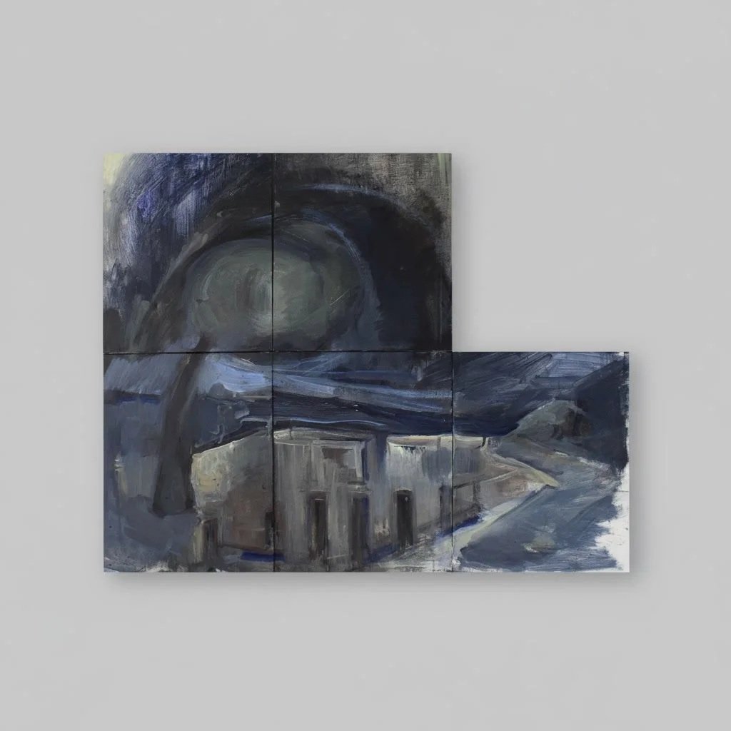 "The Structures of Darkness", 2025, oils and plastic on canvas, five modules 20 x 20 cm each 