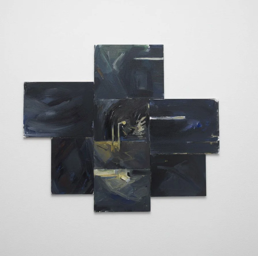 "The Structures of Darkness", 2026, oils and acrylics on canvas, seven modules, dimemensions variable , 80 x 70 cm overall 