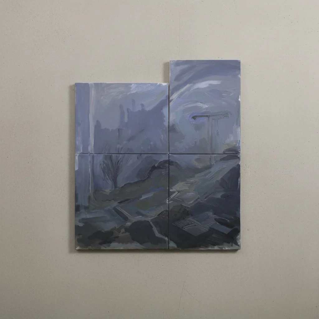 "Blind spot" , 2026, oils and plastic on canvas, four modules , 50 x 60 cm overall