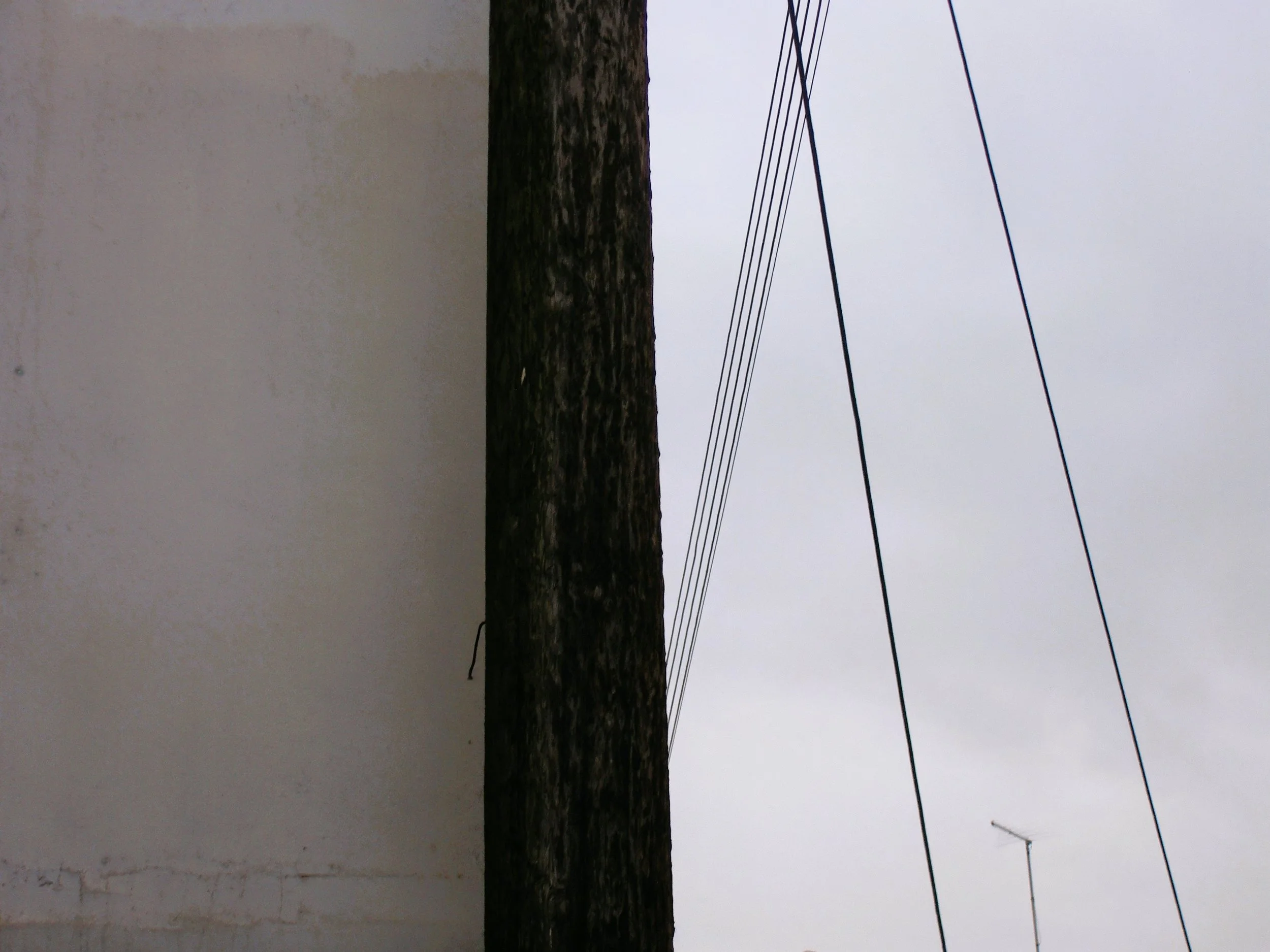 A telephone pole with several wires extending to the right, against an overcast sky.