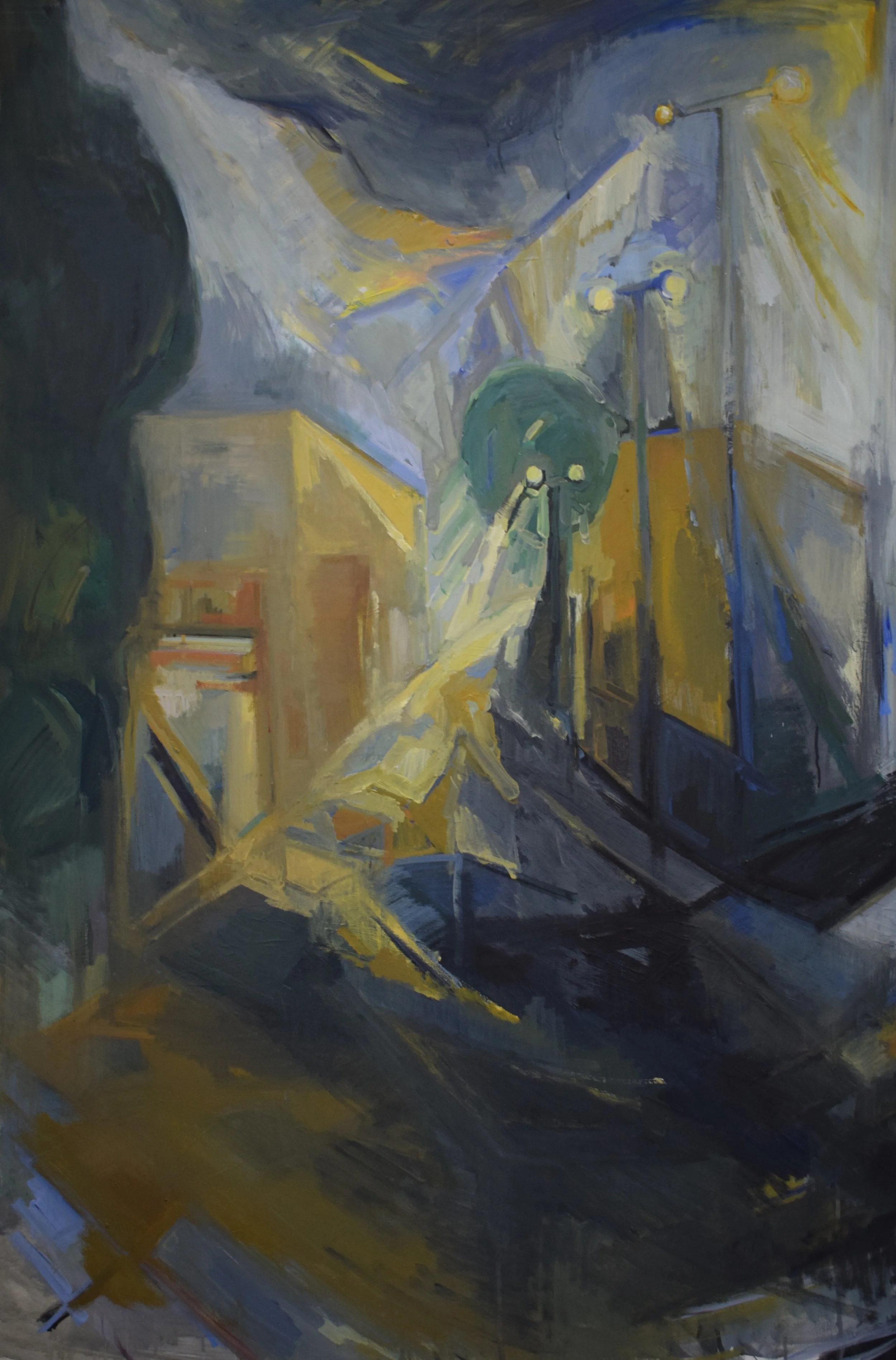 "Exterior corridor", 2025, oils and acrylics on canvas , 100 x 150 cm