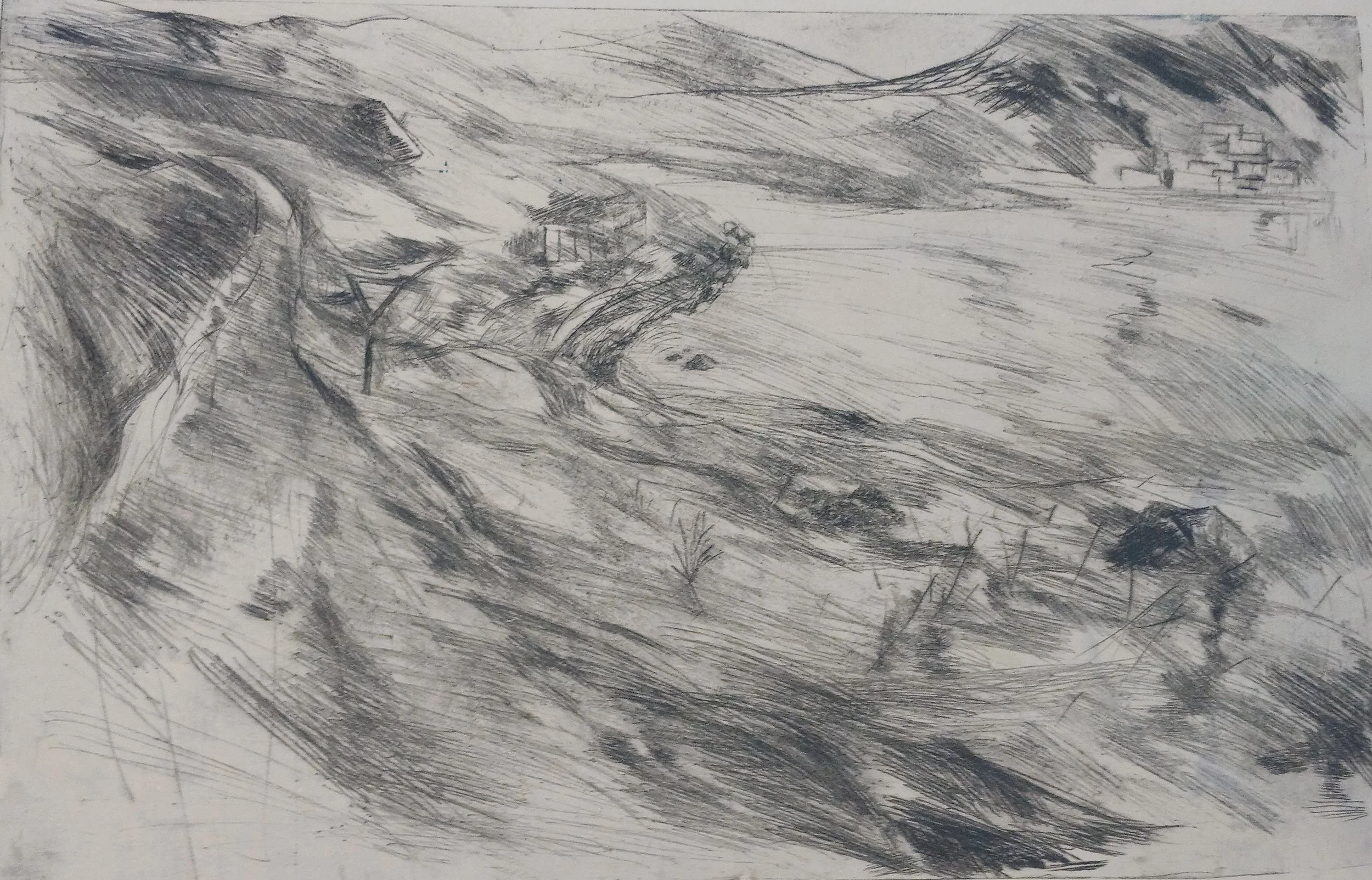 "Wish you were here II", 2026, Oil ink on paper, Intaglio made with Drypoint, 35 x 50 cm