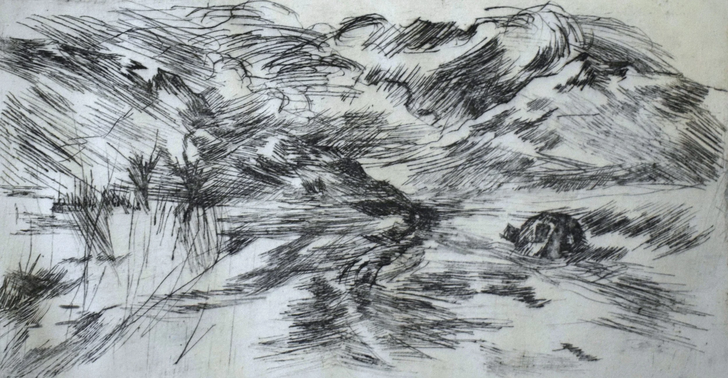 "Wish you were here VIII" 2026, Oil ink on paper, Intaglio made with Drypoint, 5 x 12 cm