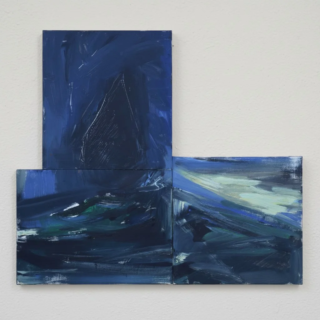 "The Structures of Darkness", 2025, oils and plastic on canvas, three modules 50 x 40 cm overall