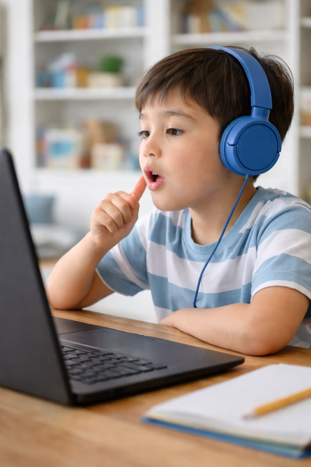 A young boy with brown hair wearing blue headphones, sitting at a wooden desk, looking at a laptop screen with a curious expression, her finger touching her lips. There is a notebook and a pencil on the desk. Background shows shelves with various household items.