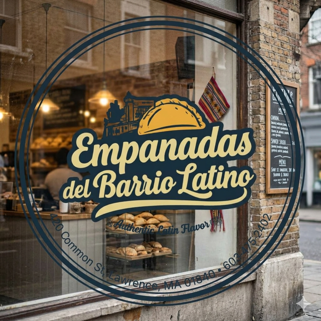 A storefront window with a sign that reads "Empanadas del Barrio Latino" and "Authentic Latin Flavor." The window shows inside of a bakery with bread and people working, and the outside brick wall features a blackboard menu.
