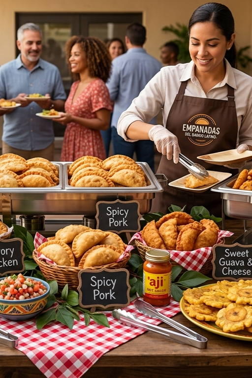 A woman serving empanadas at a food booth with various fried foods and condiments, while people enjoy food and chat in the background.