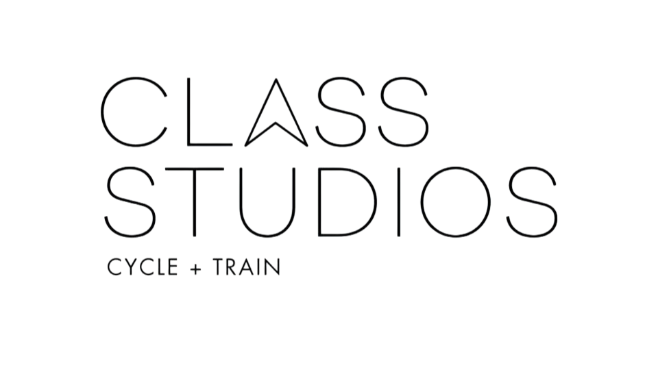 Logo for Class Studios featuring the words "Class Studios" with a minimalist design and the phrase "Cycle + Train" underneath.