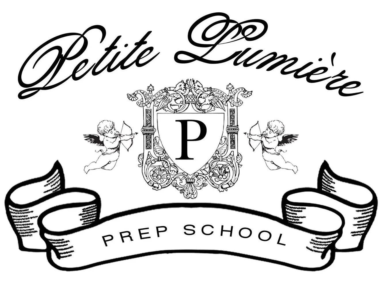 Black and white logo featuring the text 'Petite Loumie's' in cursive, two cherubs holding bows flanking a crest with the letter 'P', and a ribbon banner reading 'PREP SCHOOL' at the bottom.