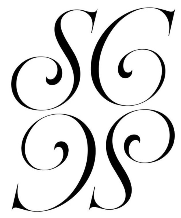 A decorative black and white monogram with the letters S and G intertwined in an elegant, cursive font.