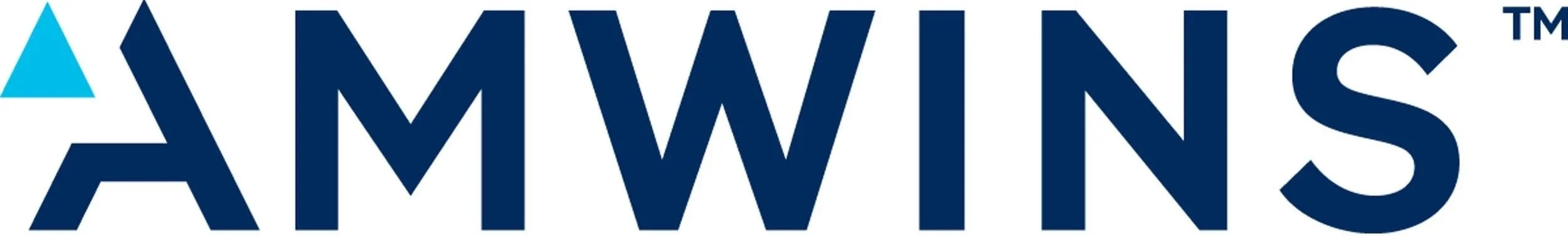 Close-up of a logo with the word 'AMWINS' in bold dark blue letters and a stylized blue and turquoise triangle on the left.