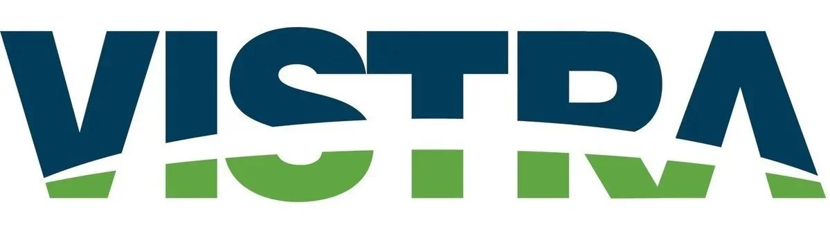 Logotype of VISTRA with blue and green stylized text.