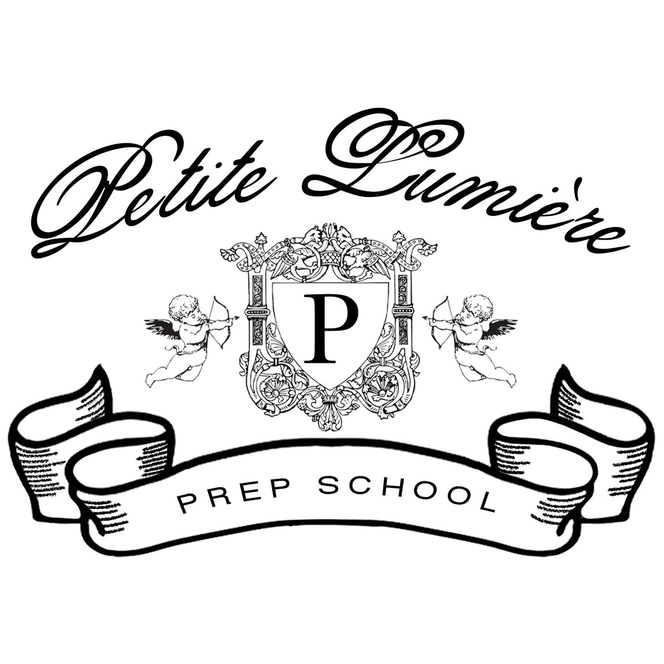 Black and white logo for Petite Lumière Pre-Kindergarten, featuring a shield with letter P, surrounded by winged cherubic children with bows, and a decorative banner that reads 'Pre K School'.